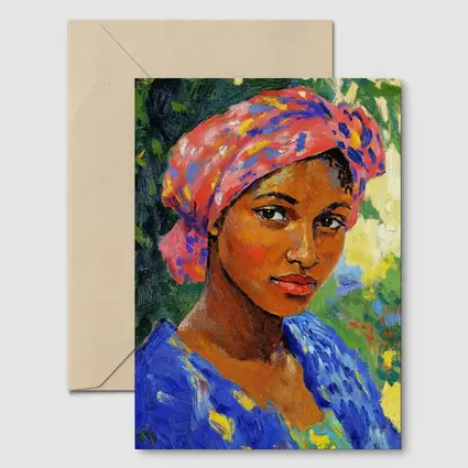 Impressionist Portrait Woman Colorful Head Wrap Garden