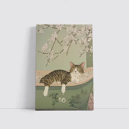 Tabby Cat Relaxing Bubble Bath Cherry Blossoms