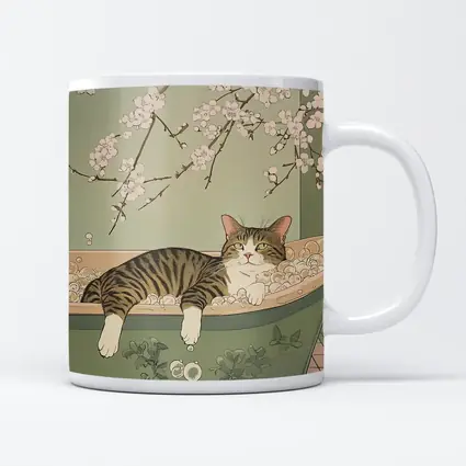 Tabby Cat Relaxing Bubble Bath Cherry Blossoms
