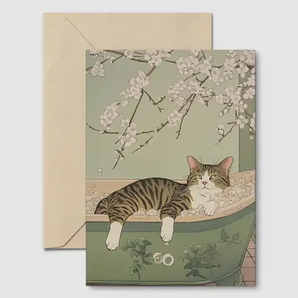 Tabby Cat Relaxing Bubble Bath Cherry Blossoms