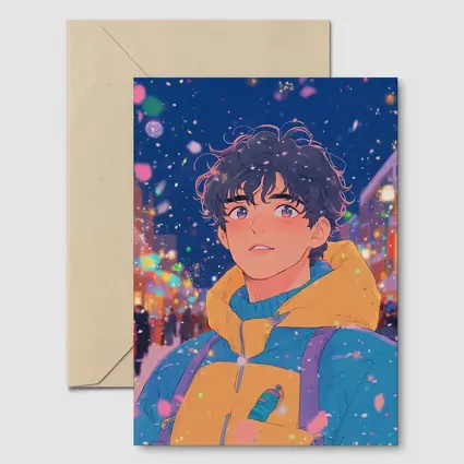 Anime Boy Winter City Snow Night