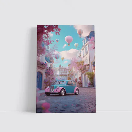 Retro Classic Car Pink Cobblestone Street