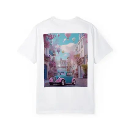 Retro Classic Car Pink Cobblestone Street