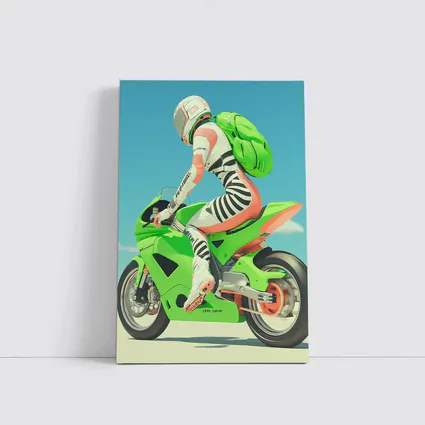 Green Sport Bike Rider Against Blue Sky
