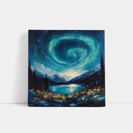 Swirling Night Sky Mountain Lake Painting