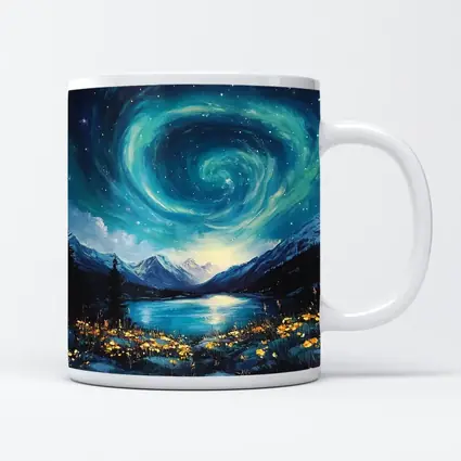 Swirling Night Sky Mountain Lake Painting