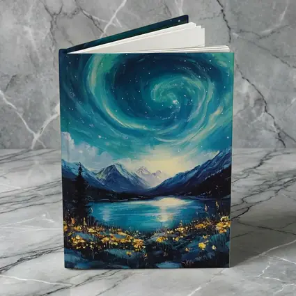 Swirling Night Sky Mountain Lake Painting