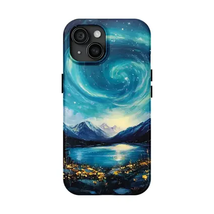 Swirling Night Sky Mountain Lake Painting