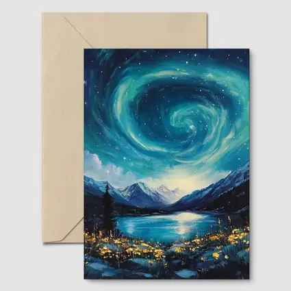Swirling Night Sky Mountain Lake Painting