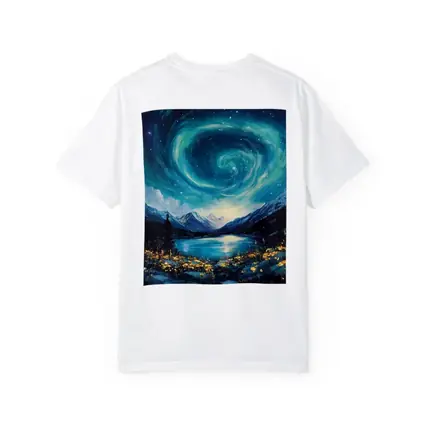 Swirling Night Sky Mountain Lake Painting