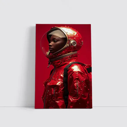 Woman Astronaut Red Suit Gold Helmet