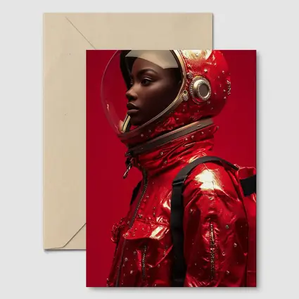 Woman Astronaut Red Suit Gold Helmet