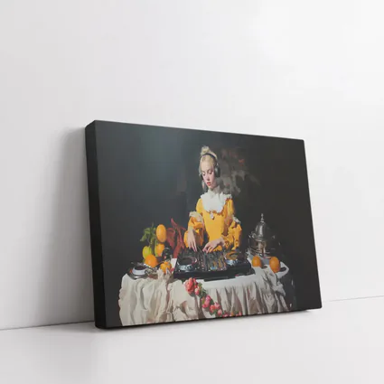 Baroque Girl DJ Mixing Dark Background