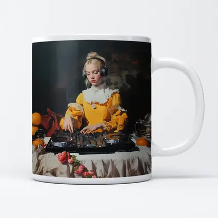 Baroque Girl DJ Mixing Dark Background