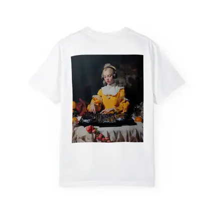 Baroque Girl DJ Mixing Dark Background