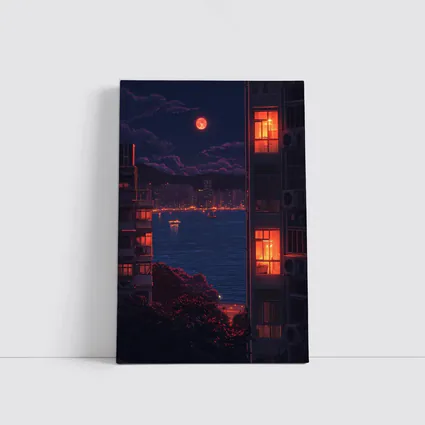 Pixel Art City Night Red Moon Bay