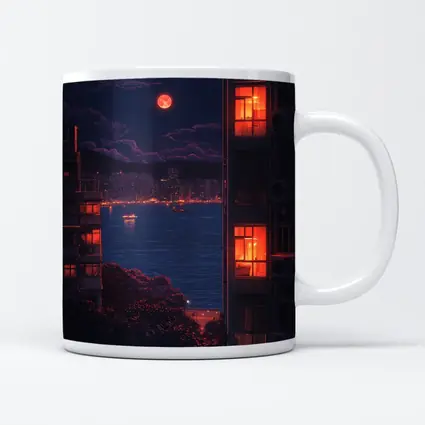 Pixel Art City Night Red Moon Bay