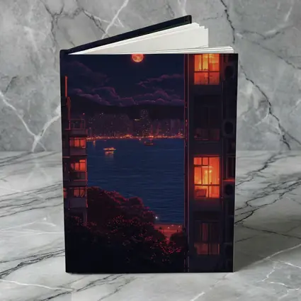 Pixel Art City Night Red Moon Bay