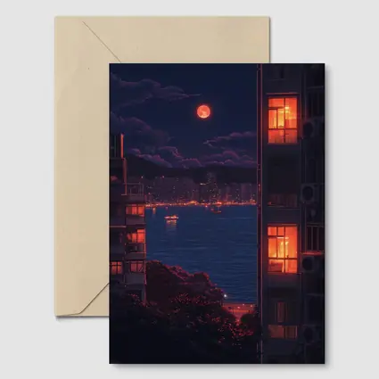 Pixel Art City Night Red Moon Bay