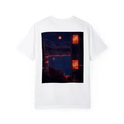 Pixel Art City Night Red Moon Bay
