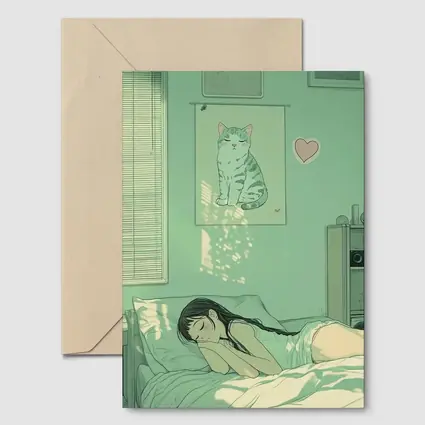 Anime Girl Sleeping Mint Green Bedroom