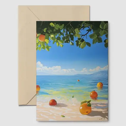 Oranges Floating On Tropical Beach Shore Painting