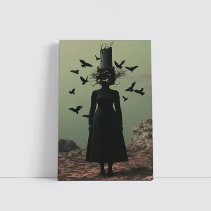 Dark Woman Tower Head Ravens Surreal Art