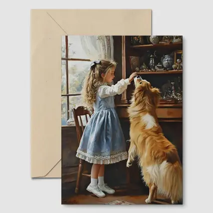 Girl Feeding Collie Dog Indoors Painting