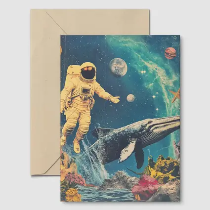 Astronaut Floating With Whale Retro Collage Space