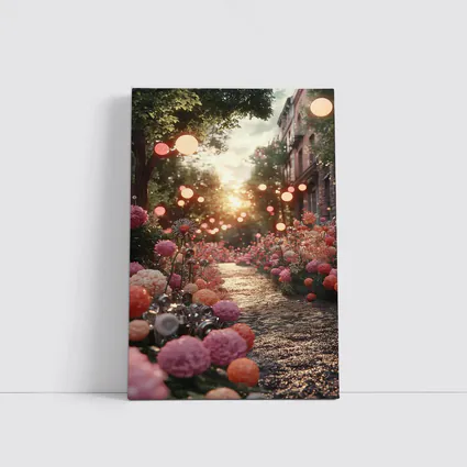 Pink Floral Garden Path Glowing Sunset