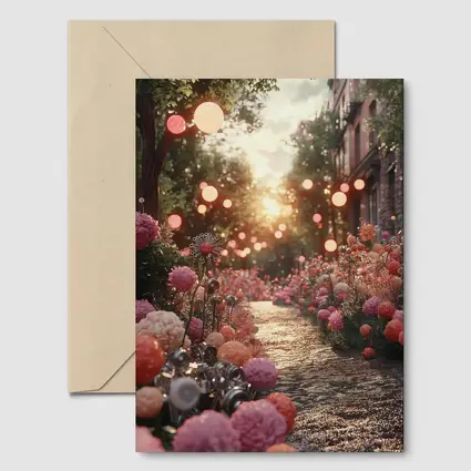 Pink Floral Garden Path Glowing Sunset