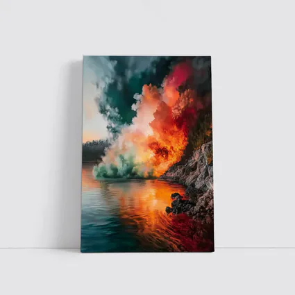 Colorful Smoke Explosion Over Rocky Lake