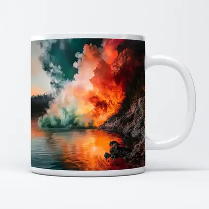 Colorful Smoke Explosion Over Rocky Lake