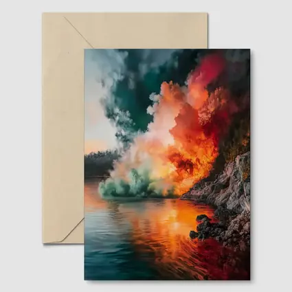 Colorful Smoke Explosion Over Rocky Lake