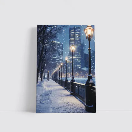 Snowy City Waterfront Walk At Night