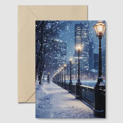 Snowy City Waterfront Walk At Night