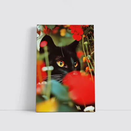 Black Cat Peeking Through Red Flowers
