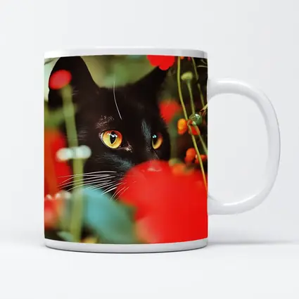 Black Cat Peeking Through Red Flowers
