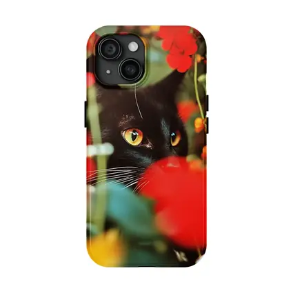 Black Cat Peeking Through Red Flowers