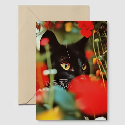Black Cat Peeking Through Red Flowers