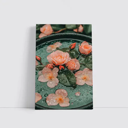 Pink Roses Floating Green Bowl Water Drops