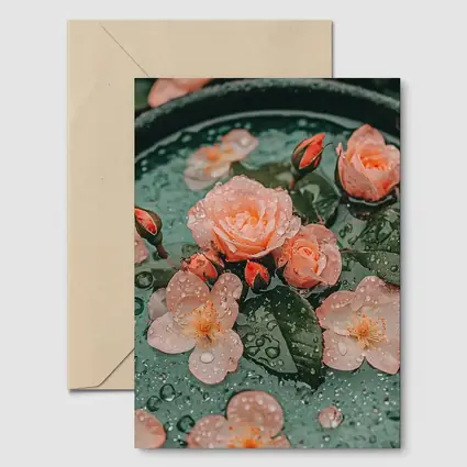 Pink Roses Floating Green Bowl Water Drops