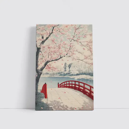 Japanese Cherry Blossoms Red Bridge Spring Scene