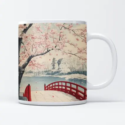 Japanese Cherry Blossoms Red Bridge Spring Scene