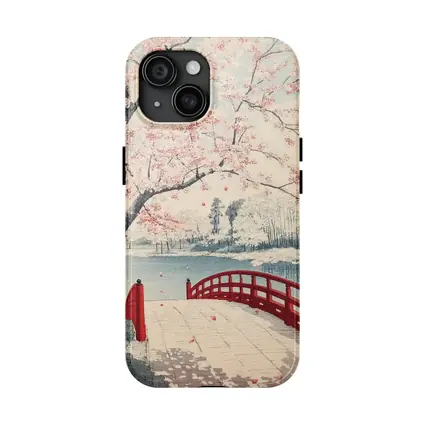 Japanese Cherry Blossoms Red Bridge Spring Scene