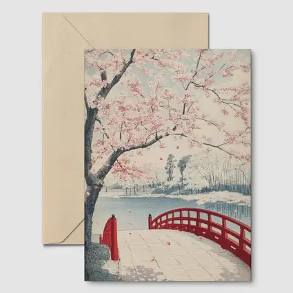 Japanese Cherry Blossoms Red Bridge Spring Scene