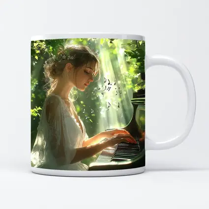 Woman Playing Piano in Sunlit Forest