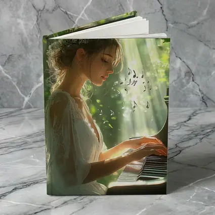 Woman Playing Piano in Sunlit Forest