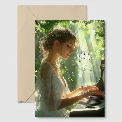 Woman Playing Piano in Sunlit Forest