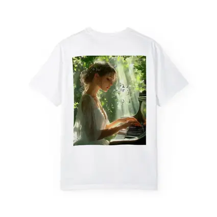 Woman Playing Piano in Sunlit Forest